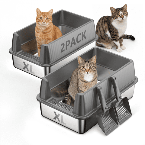 Nycoba 2‑Pack Large Capacity Stainless Steel Cat Litter Box,High‑Walled Non‑Stick Leak Proof Litter Pans with Scoops, Ideal for Multi‑Cats