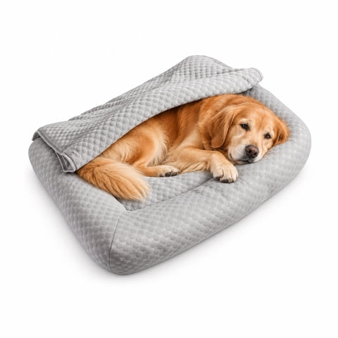 Nycoba Calming Anti-Anxiety Dog Burrow Bed, Cozy Luxury Pet Sofa Bed with Built-in Blanket, Soft Raised Rim Dog Bed for Small Medium Dogs