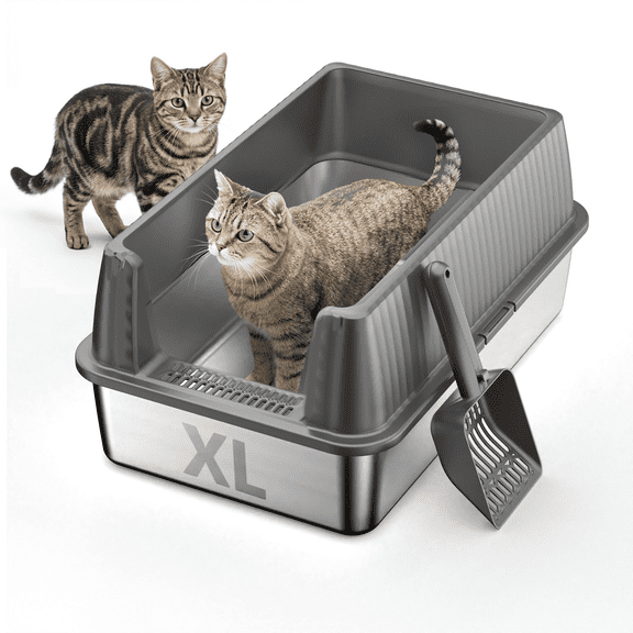 Nycoba Extra Large Stainless Steel Cat Litter Box, High Sided Non-Stick Leak Proof Litter Pan with Scoop for Large Cats, Gray
