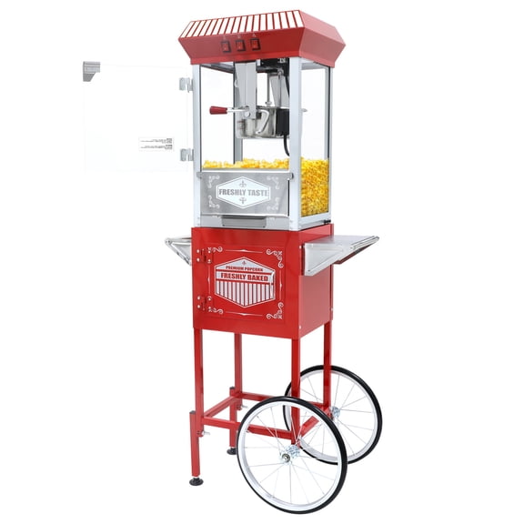 Nyddle 12Oz Popcorn Machine with Cart,Movie Theater Popcorn Poppers with Stainless Steel Kettle,Tempered Glass,8" Shelf,Vintage Red Design for Parties and Concession Stands,Red