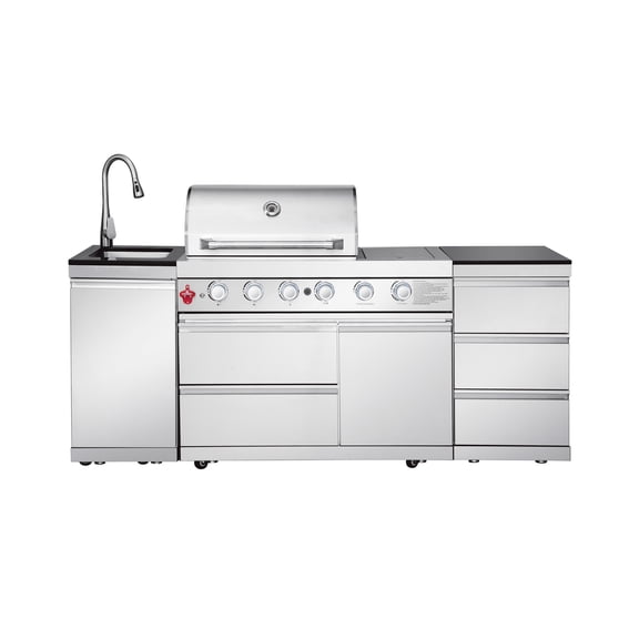 Nyddle 4-Burner 72000 BTU Deluxe Stainless Steel Gas Outdoor Kitchen Barbecue Island Grill with Single Door Refrigerator Stainless Steel Sink and Faucet,Silver