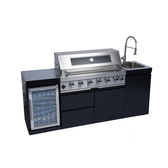 Nyddle 82 Inch 85000 BTU 6-Burner Propane Gas Grill Island,Stainless Steel Outdoor BBQ Station with Refrigerator,Rotisserie,Countertop & Storage,Black