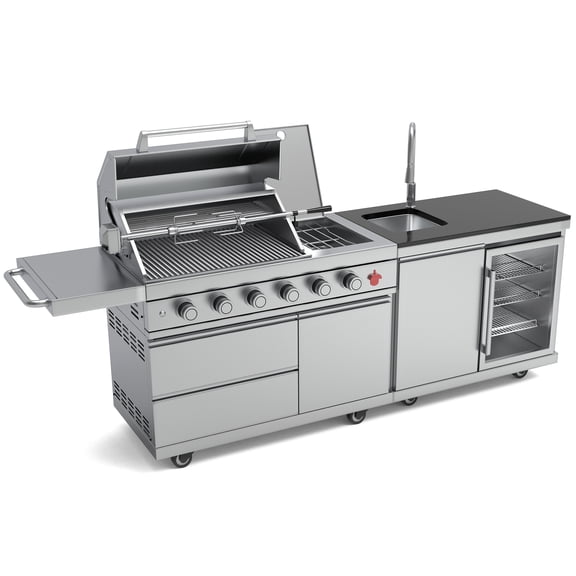 Nyddle 84" 5-Burner 75300 BTU Outdoor Kitchen Island,304 SS Grill with Infrared Rear Burner,Sink,Wine Cooler,Refrigerator & Rotisserie Kit,Silver