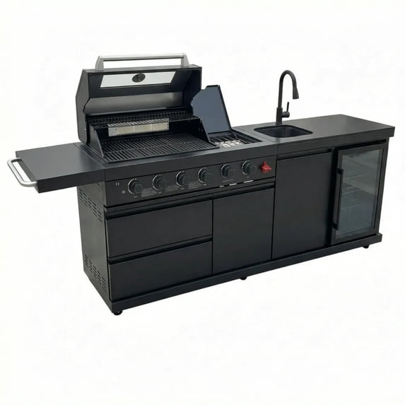Nyddle 84 Inch Outdoor Kitchen Grill Island,75300 BTU 5-Burner 304 SS Gas Grill with Infrared Rear Burner,Sink,Wine Cooler,Refrigerator & Rotisserie Kit,Black