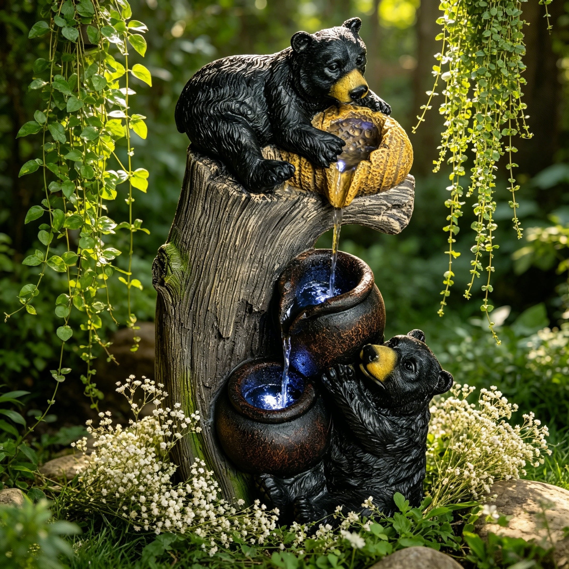 Nyddle Bear Outdoor LED Water Fountain– 23.6” Cascading Garden Fountain for Patio,Yard,Balcony,and Outdoor Decor