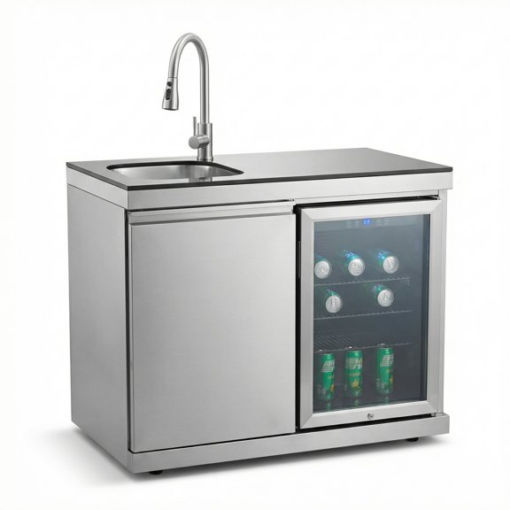 Nyddle Outdoor Kitchen Sink & Fridge Combo,70L Refrigerator,Sink with Pull-Down Faucet,Brushed SS,Black Granite Countertops,All-in-One BBQ Cleaning Station,Silver