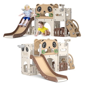 Nyeekoy 9-in-1 Kids Slide, Toddler Slide Climber Playset with Basketball Game, Telescope, Riss Toss, Storage, Freestanding Indoor Outdoor Playground, Toy Gift