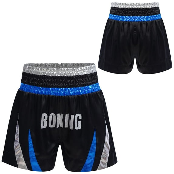 Nyeemya Boys Metallic Kickboxing Trunks Side Split Satin Boxing Shorts for Combat Fighting Training Blue&Silver 12
