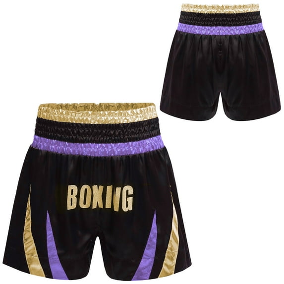 Nyeemya Boys Metallic Kickboxing Trunks Side Split Satin Boxing Shorts for Combat Fighting Training Light Purple&Gold 6