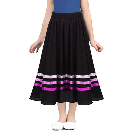 Nyeemya Girls Folklorico Dance Skirt Long Swing Stripe Ballroom Flamenco Performance Dancewear Black&Pink 6