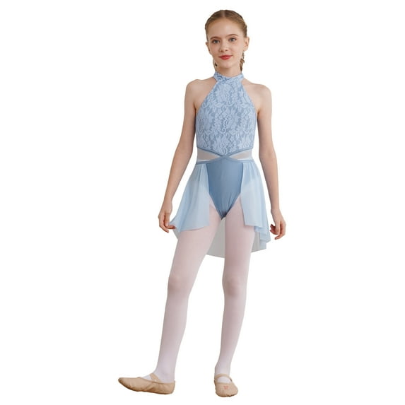 Nyeemya Girls Halter Neck Ballet Dance Ice Skating Lyrical Dress Backless Asymmetrical Mesh Modern Light Blue 16