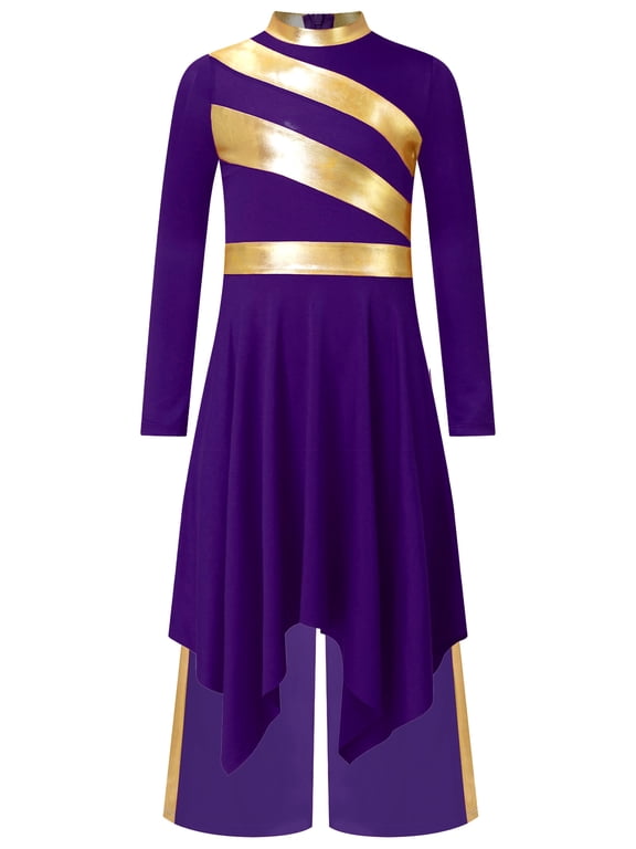Girls Praise Dance Dress with Wide Leg Pants Long Sleeve Liturgical Worship Church Robe Purple 10