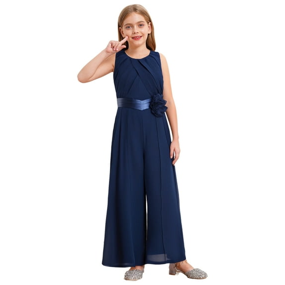 Nyeemya Girls Solid Color Sleeveless Chiffon Jumpsuit with Detachable Flower for Wedding Party Navy Blue 8