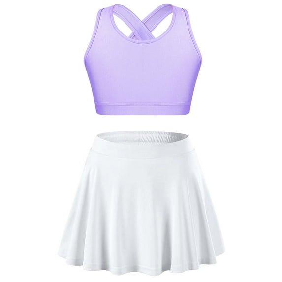 Nyeemya Girls Tennis Golf Sports Outfit Sleeveless U Neck Tank Top with Pleated Skort Skirt Set Gym Lavender&White 8