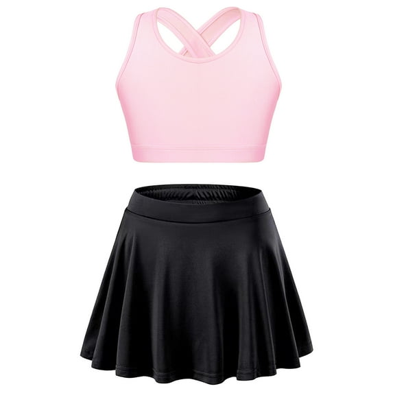Nyeemya Girls Tennis Golf Sports Outfit Sleeveless U Neck Tank Top with Pleated Skort Skirt Set Gym Pink&Black 6