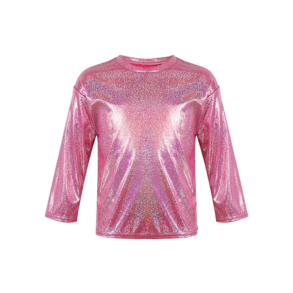 Nyeemya Kids Big Girls Boys Shiny Metallic Dance Top Long Sleeve Glitter Loose T-Shirt for Dance Rose Red 170