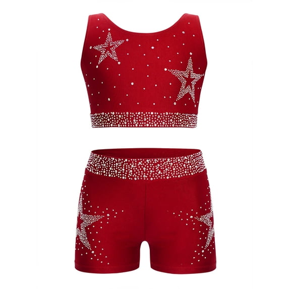 Nyeemya Kids Girls 2 Piece Dance Outfits Sleeveless Sparkle Rhinestones Gymnastics Sports Crop Tops with Shorts Burgundy 14