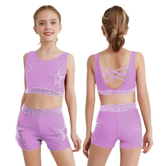 Nyeemya Kids Girls 2 Piece Dance Outfits Sleeveless Sparkle Rhinestones Gymnastics Sports Crop Tops with Shorts Light Purple 16