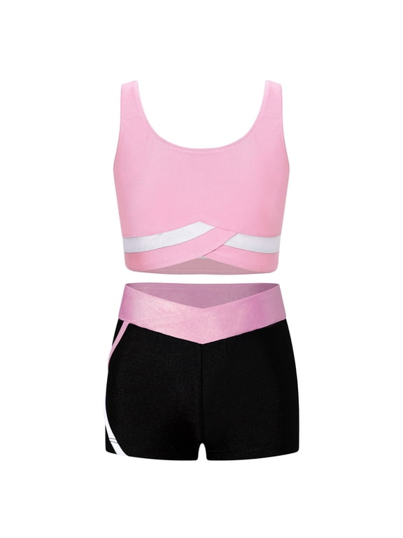Kids Girls 2 Piece Dance Sports Outfits Crop Top with Booty Shorts Set for Gymnastics Dancing Pink 6