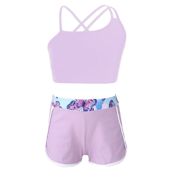 Nyeemya Kids Girls 2 Piece Gymnastics Dance Sport Outfits Crop Top with Shorts Active Set Athletic Lavender 8