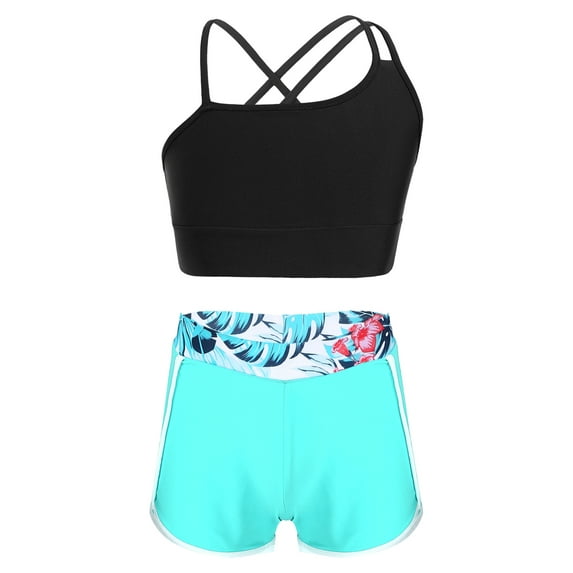 Nyeemya Kids Girls 2 Piece Gymnastics Dance Sport Outfits Crop Top with Shorts Active Set Athletic Leaf 6