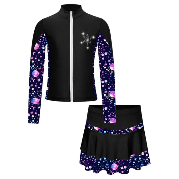 Nyeemya Kids Girls 2 Pieces Tennis Golf Dress Set Figure Ice Skating Dance Suit Rhinestone Black 8