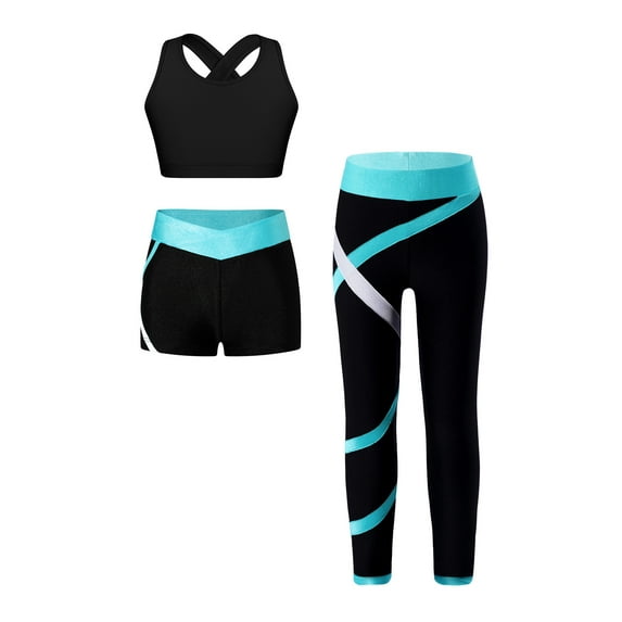 Nyeemya Kids Girls 3 Piece Gymnastics Outfit U Neck Crisscross Tank Dance Crop Top Vest with Yoga Blue Green 14