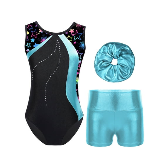 Nyeemya Kids Girls 3Pcs Gymnastics with Shorts Headband Set Sleeveless Ballet Leotard Dance Biketard Blue Green 6