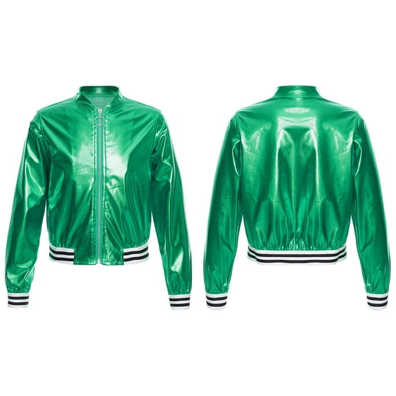 Nyeemya Kids Girls Boys Jazz Dance Disco Costume Zip Up Metallic Bomber Jacket Coat Tops Outerwear Green 16