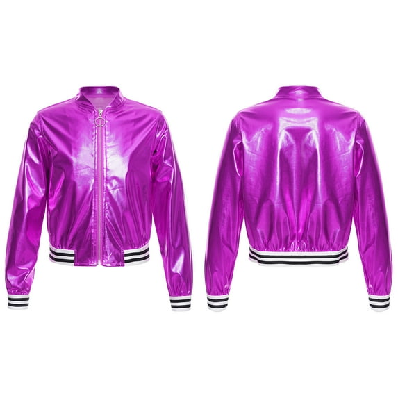 Nyeemya Kids Girls Boys Jazz Dance Disco Jacket Zip Up Metallic Bomber Coat Tops Outerwear Purple 14