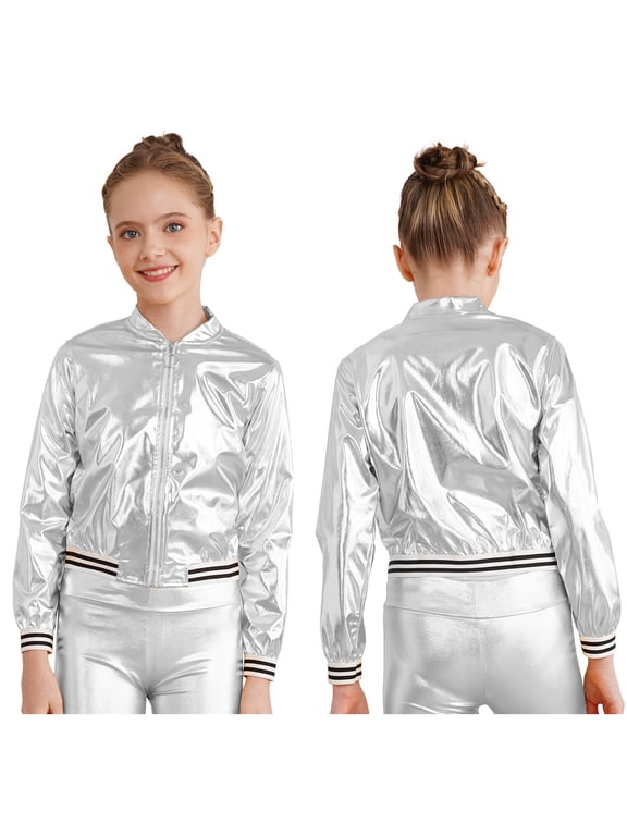 Kids Girls Boys Jazz Dance Disco Costume Zip Up Metallic Bomber Jacket Coat Tops Outerwear Silver 6