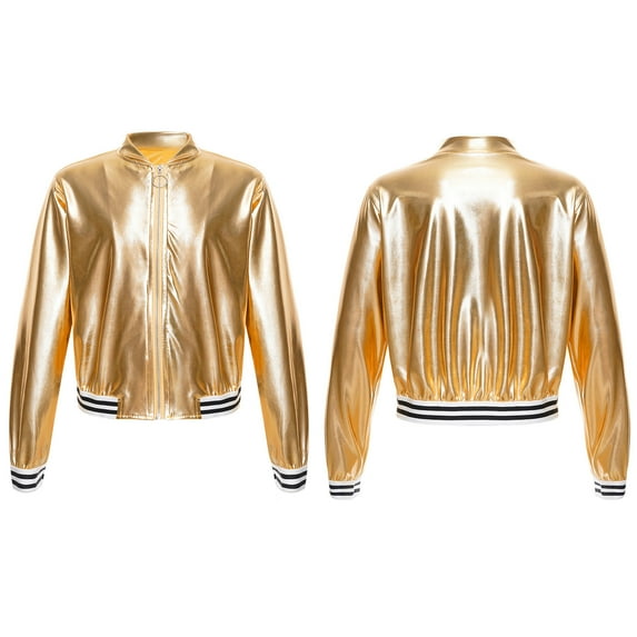 Nyeemya Kids Girls Boys Jazz Dance Disco Jacket Zip Up Metallic Bomber Coat Tops Outerwear Gold 8