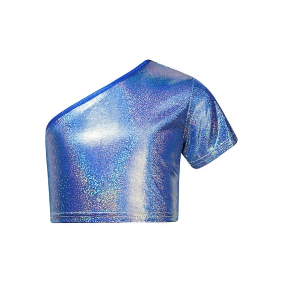 Nyeemya Kids Girls Boys Jazz Hip-hop Dance Top One Shoulder Metallic Crop Top T-Shirt Stage Blue 160