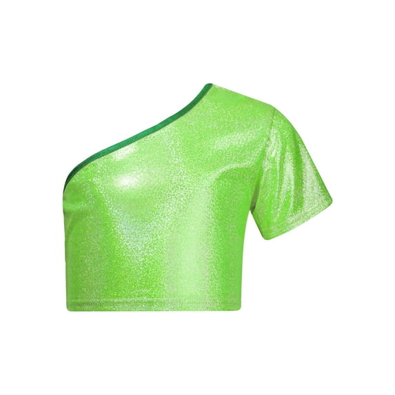 Nyeemya Kids Girls Boys Jazz Hip-hop Dance Top One Shoulder Metallic Crop Top T-Shirt Stage Fluorescent Green 140