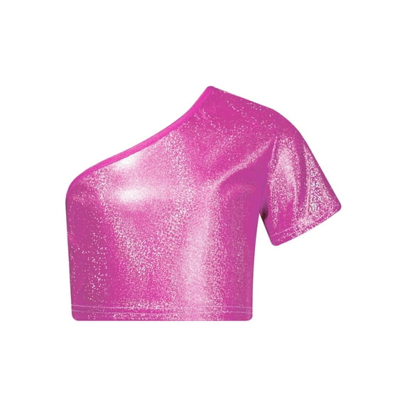 Nyeemya Kids Girls Boys Jazz Hip-hop Dance Top One Shoulder Metallic Crop Top T-Shirt Stage Hot Pink 110