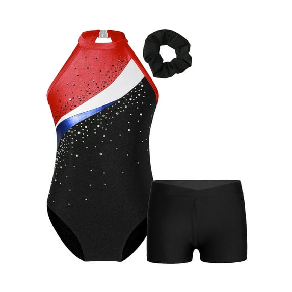 Nyeemya Kids Girls Gymnastics Dance Outfit Sparkly Sleeveless Leotard with Hair Band Activewear Black&Red 16