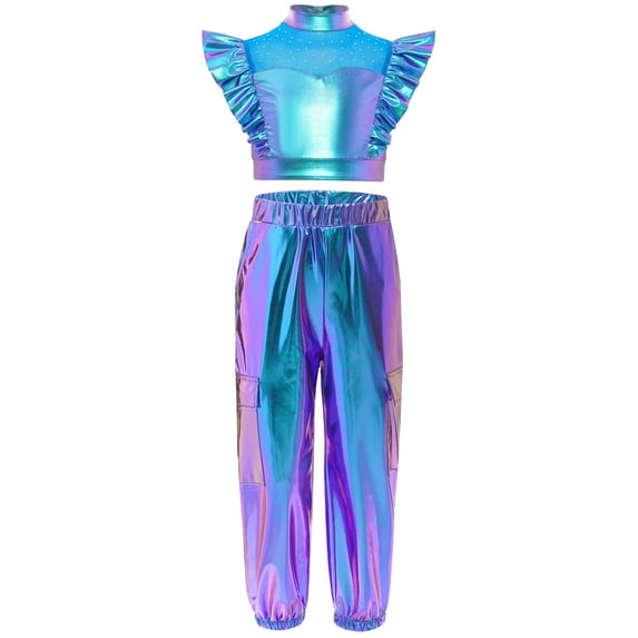 Nyeemya Kids Girls Jazz Hip Hop Dance Outfit Shiny Metallic Crop Top with Jogger Pants Set for Stage Performance Blue 12