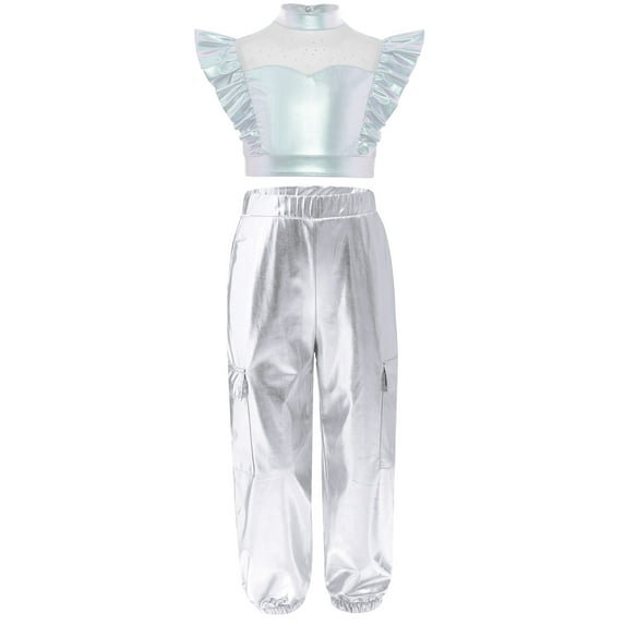Nyeemya Kids Girls Jazz Hip Hop Dance Outfit Shiny Metallic Crop Top with Jogger Pants Set for Stage Performance Silver 16