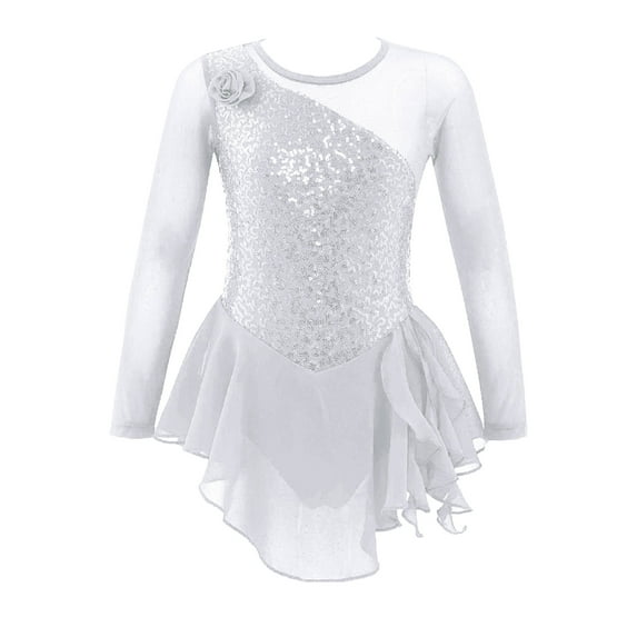 Nyeemya Kids Girls Long Sleeve Sequins Ballet Dance Dress Mesh Spliced Figure Skating Competition Costume White 4