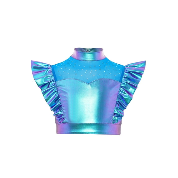 Nyeemya Kids Girls Metallic Jazz Hip-Hop Dance Shirt Rhinestone Adorned Ruffle Sleeveless Crop Top Blue 10
