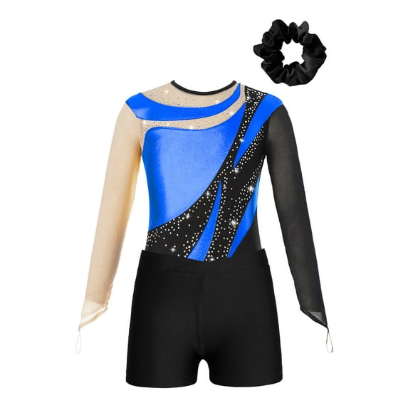 Nyeemya Kids Girls Metallic Long Sleeve Gymnastics Leotard with Shorts Hair Scrunchie Dance Unitard Biketards Dancewear Royal Blue 14