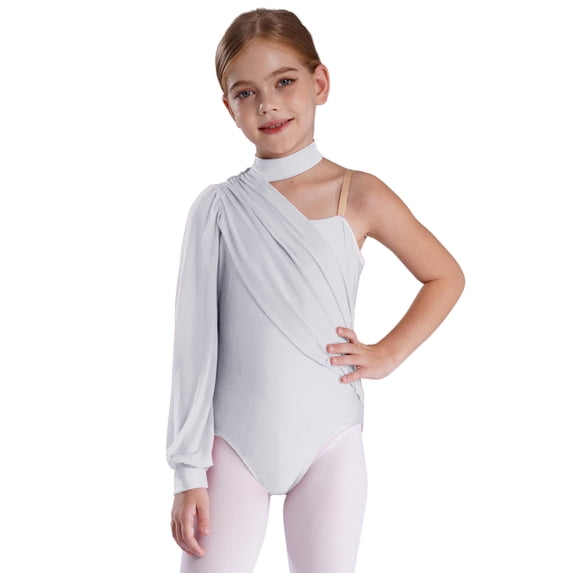 Nyeemya Kids Girls One Shoulder Long Sleeve Ballet Dance Leotard Gymnastics Bodysuit Shirt Top White 8