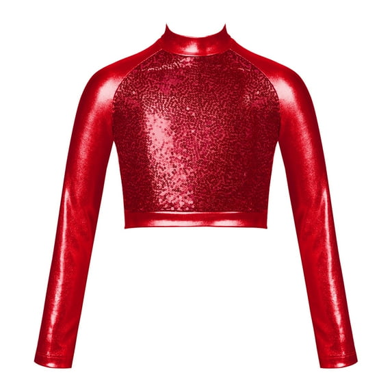 Nyeemya Kids Girls Shiny Dance Crop Tops Athletic Sports Gymnastics Fitness T-Shirts Ballet Hip Hop Red 6