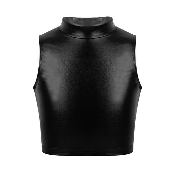 Nyeemya Kids Girls Shiny Metallic Vest Sleeveless Turtleneck Crop Top Gymnastic Cropped Shirts Ballet Dance Tops Black 16