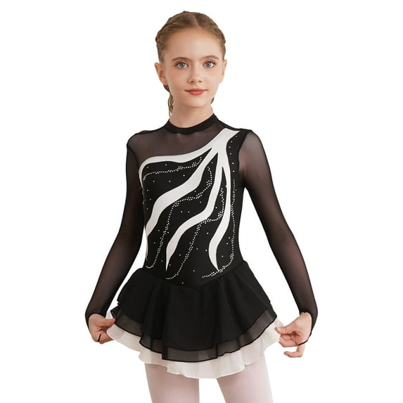 Nyeemya Kids Girls Shiny Rhinestone Ice Skating Dress Mesh Splice Long Sleeves Ballet Dance Figure White 14