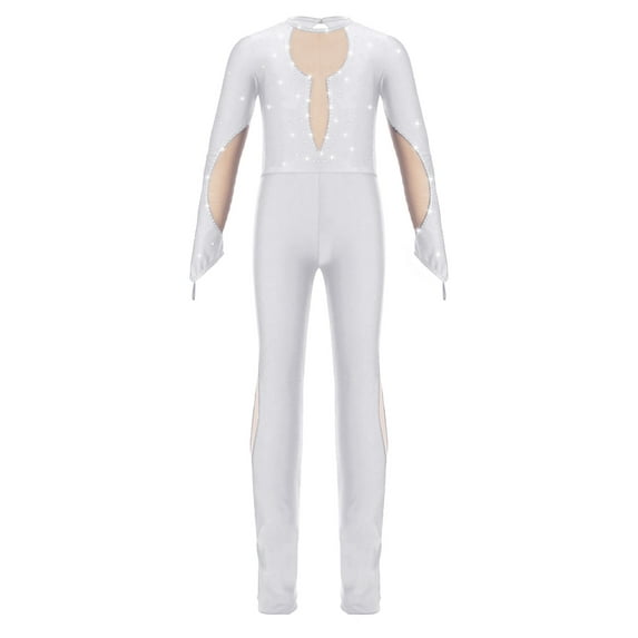 Nyeemya Kids Girls Shiny Rhinestone Long Sleeve Full Body Unitard Skating Jumpsuit Ballet Dance White 16