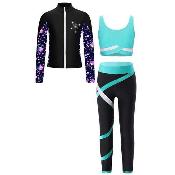 Nyeemya Kids Girls Sleeveless Crop Tops and Yoga Leggings Long Sleeve Zipper Sweatshirt Gymnastics Blue Green 8