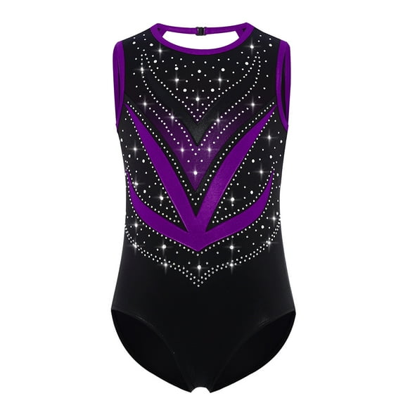 Nyeemya Kids Girls Sleeveless Sparkle Rhinestone Gymnastics Leotard Ballet Dance Unitard Biketard Purple 8