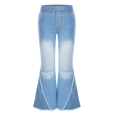 Nyeemya Kids Girls Stylish Flared Jeans High Waist Ruffle Hem Denim Pants Casual Ripped Bell Bottom Light Blue 4