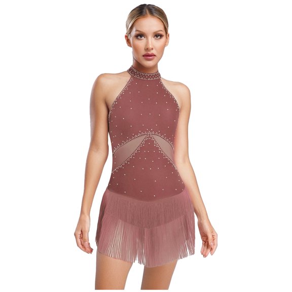 Nyeemya Latin Ballroom Dance Dress for Women Rhinestone Tassel Mesh Patchwork Rumba Salsa Tango Skirt Leotard Dusty Pink S
